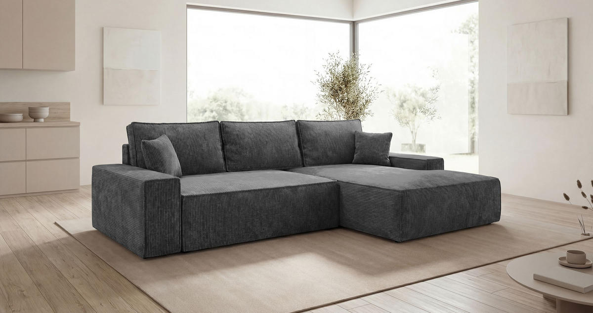 ECKSOFA VERONA rechts dunkelgrau Cord Poso 60 - Schlaffunktion, Bettkasten - Anthrazit, Textil (280/184cm) - Cornero