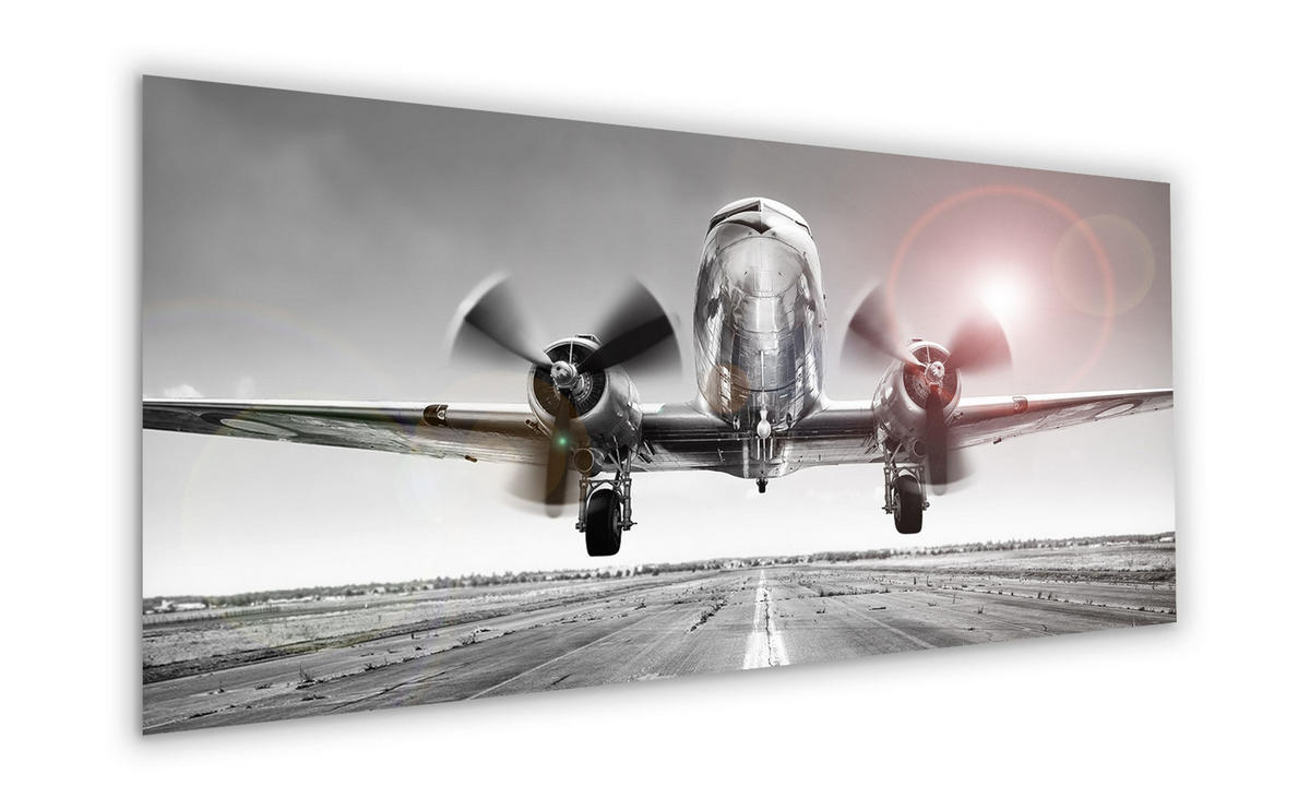GLASBILD 125x50 cm Flugzeug Schwarz Weiß - Weiß, Glas (125/50cm) - artissimo