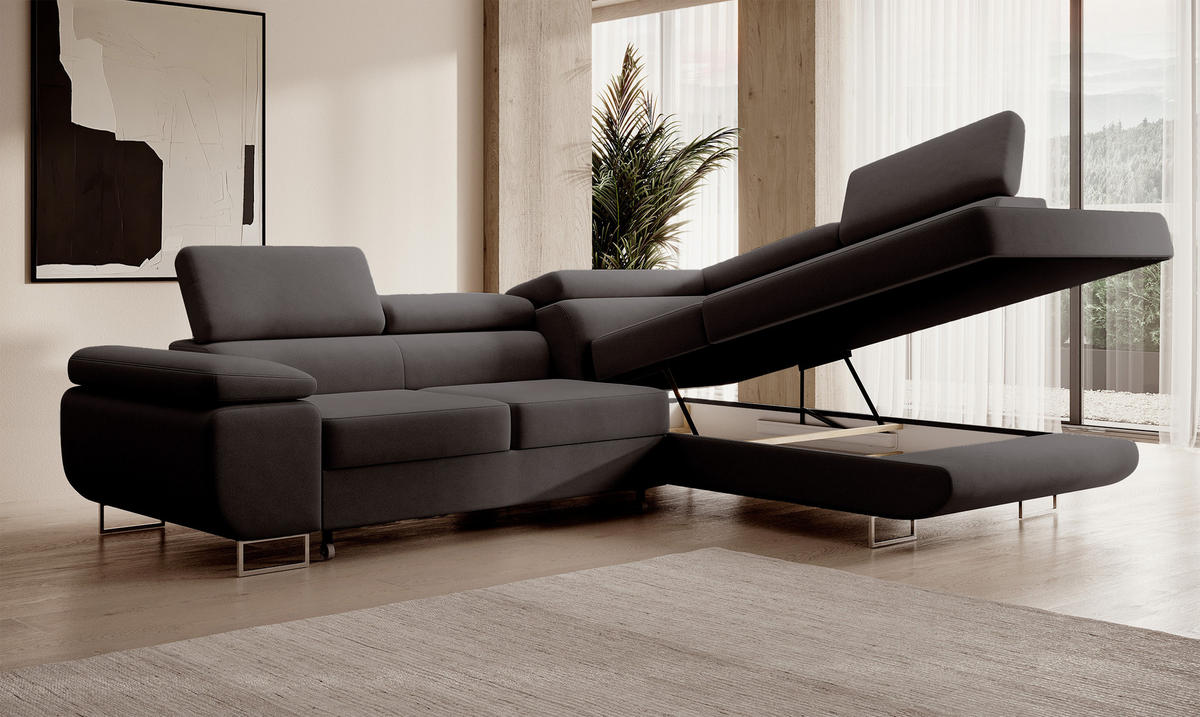 ECKSOFA Stevil Dunkelgrau Velours - Dunkelgrau/Silberfarben, Textil/Metall (275/203cm) - Selsey