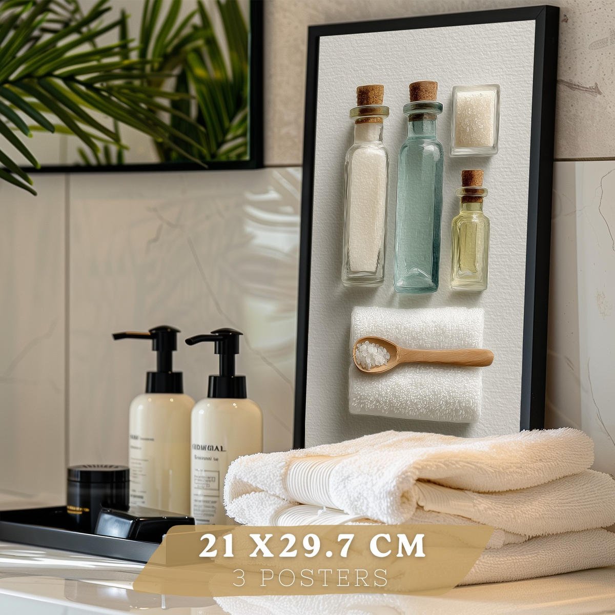 POSTER 3er-Set dekorative Badezimmer-Wandbilder und für Waschbecken, Dusche, WC mit Flaschen, Badesalz und Handtüchern, Naturstil Schwarzer Rahmen A4 - Schwarz, Papier (29.7/21/3cm) - Nacnic