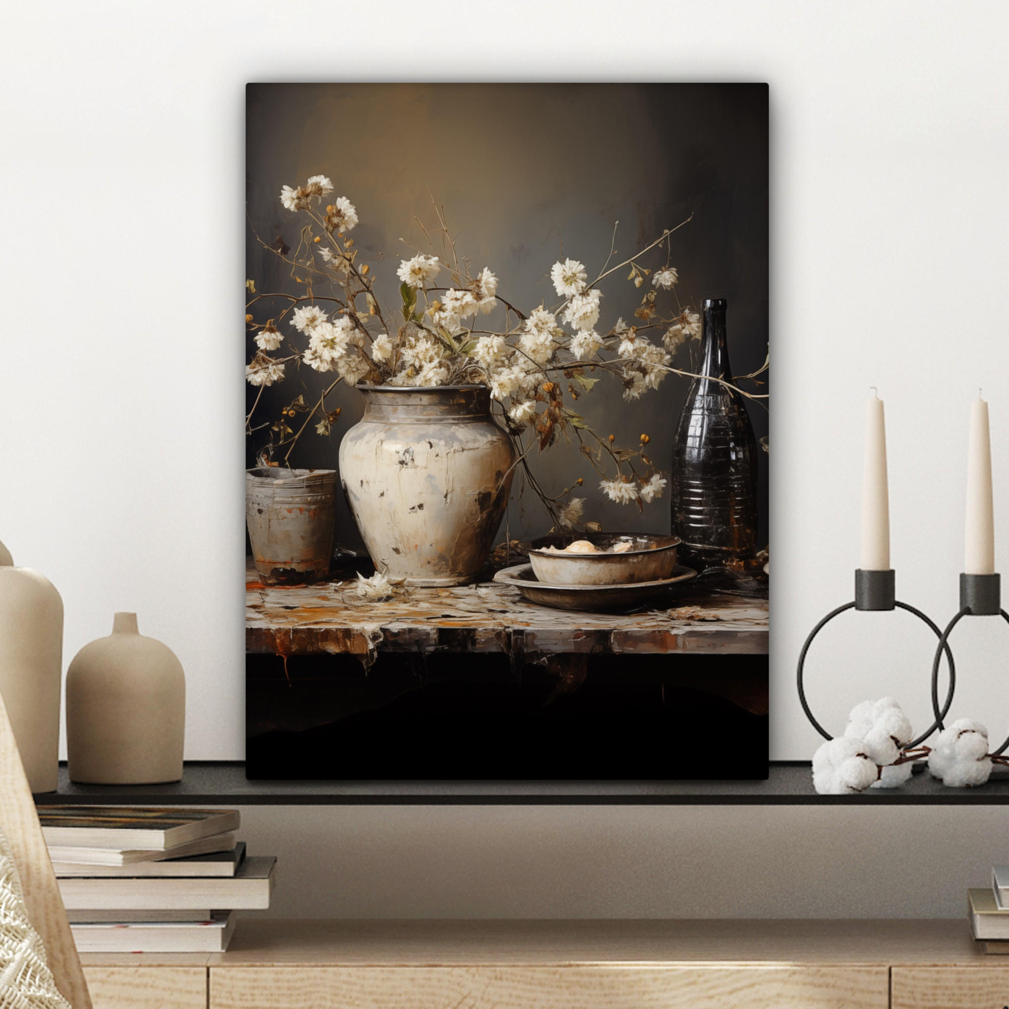 LEINWANDBILD Stilleben - Blumen - Blumenstrauß - Vase - Wein 30x40 cm - Schwarz, Textil (30/40cm) - MuchoWow