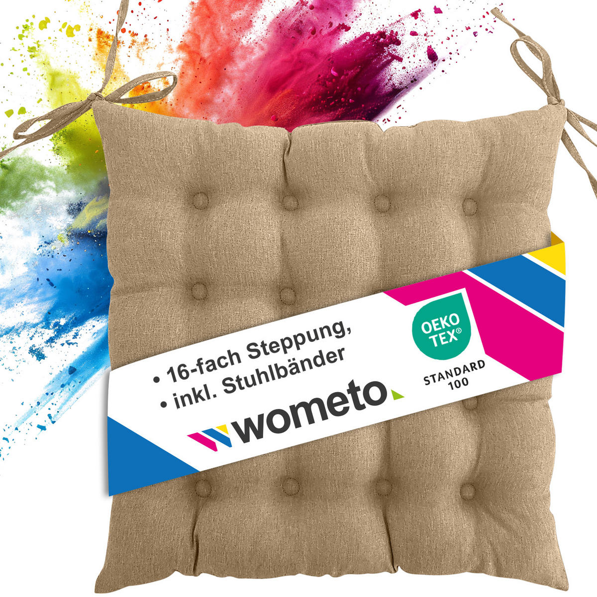 SITZKISSEN 16-Punkt beige 40/40 cm mit Steppung und Halte-Bändern - Beige, Textil (40/40/4cm) - wometo