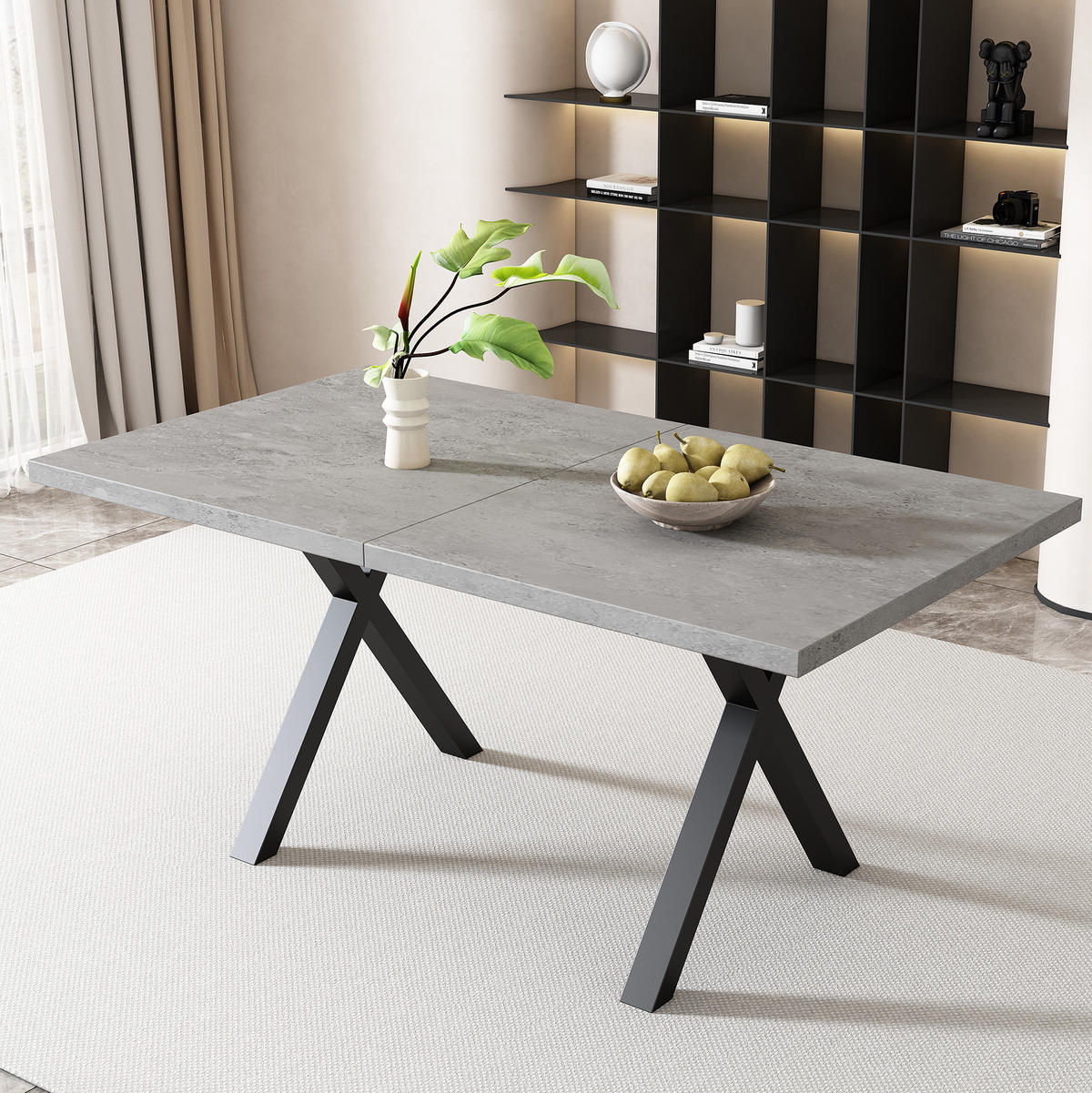 ESSTISCH 140/80/76 cm in Betonoptik mit Kreuzgestell - Grau, Holzwerkstoff (140/80/76cm) - Flora Grace