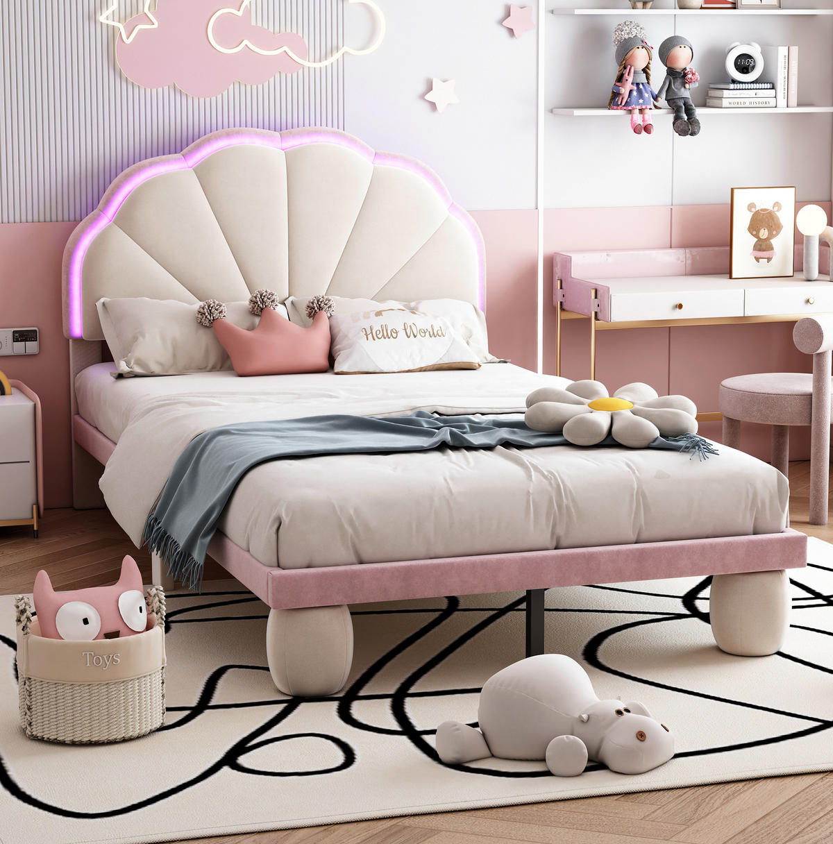 KINDERBETT 90/200 cm mit mehrfarbiger LED-Beleuchtung, Wellenkopfteil und Samtbezug, Beige/Rosa - Weiß, Textil (90/200cm) - Redom