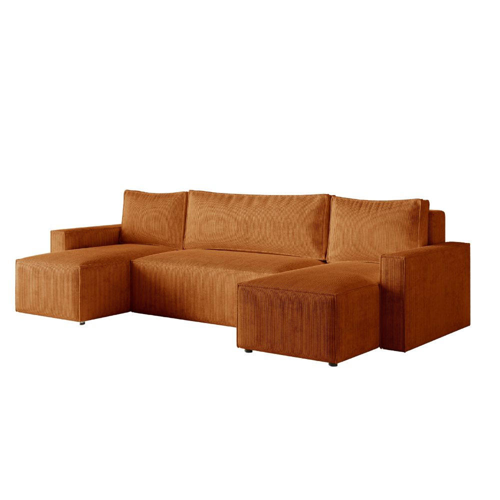 ECKSOFA LIVIO U mit Schlaffunktion und Bettkasten – Moderne Wohnlandschaft in U-Form (POSO 40) - Orange, Holz (300/90/142cm) - Dekori_Interiors