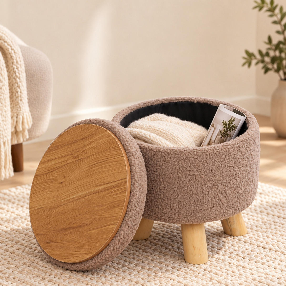TABURET Hnědá teddy látka s úložným prostorem 30x33 cm - hnědá, dřevo/kompozitní dřevo (33/30/33cm) - Relaxdays