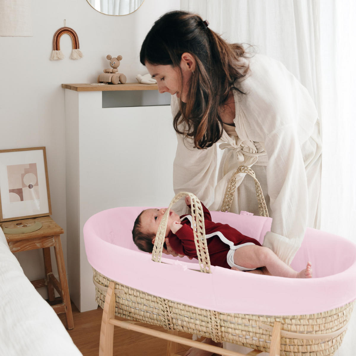 BABYTRAGEKORB mit Holzgestell rosa - Hellrosa, Naturmaterialien (29/78cm) - Premiers Moments