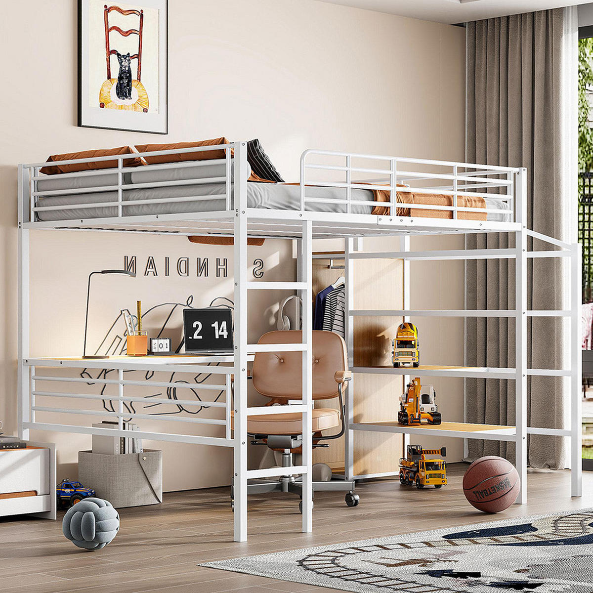 HOCHBETT 140x200cm mit offener Kleiderschrank in Weiß - Grau, Metall (140/200cm) - KOMHTOM