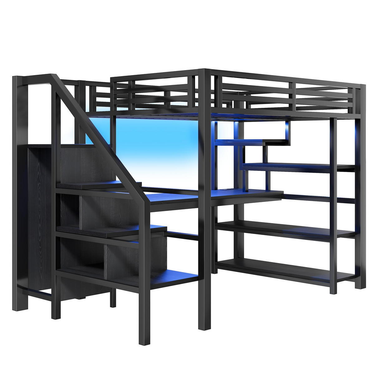 HOCHBETT 140/200 cm in Schwarz mit Schreibtisch, Treppe und offenem Kleiderschrank - Schwarz, Holzwerkstoff (140/200cm) - BEAOK