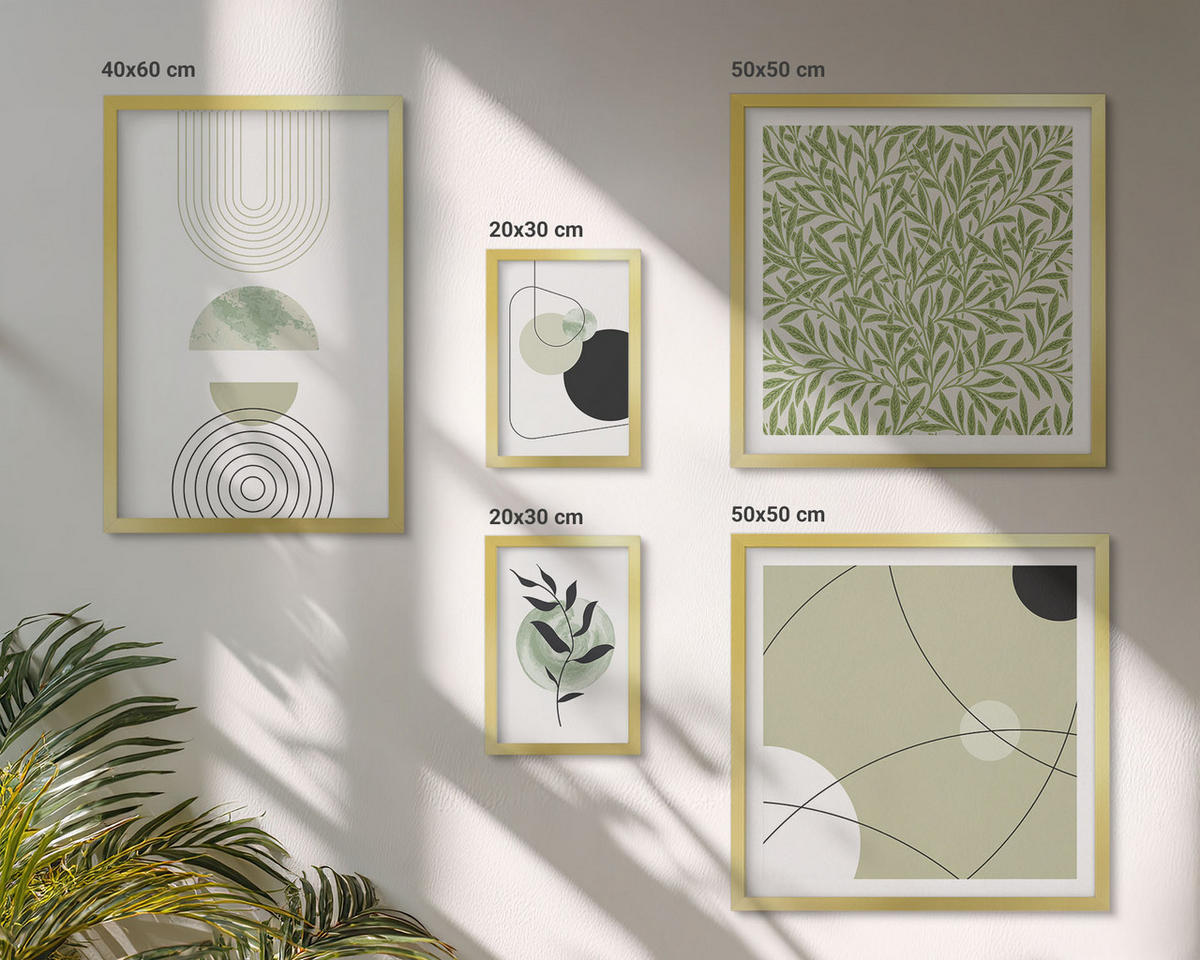 BILDER SET 5er Set - 50x50 cm & 20x30 cm & 40x60 cm Goldrahmen - Abstrakte Pflanzenmotive - Goldfarben, Kunststoff (40/60cm) - TULUP