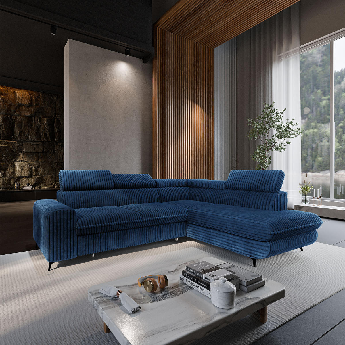 ECKSOFA VELISS Blau Kordstoff mit Schlaffunktion - Blau, Holz (255/193cm) - MASSENO