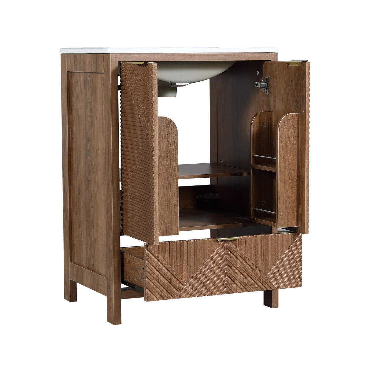 BAD-WASCHTISCHUNTERSCHRANK Walnuss mit Keramikbecken - Walnussfarben, Holzwerkstoff (61/87/47cm) - Urban Meuble