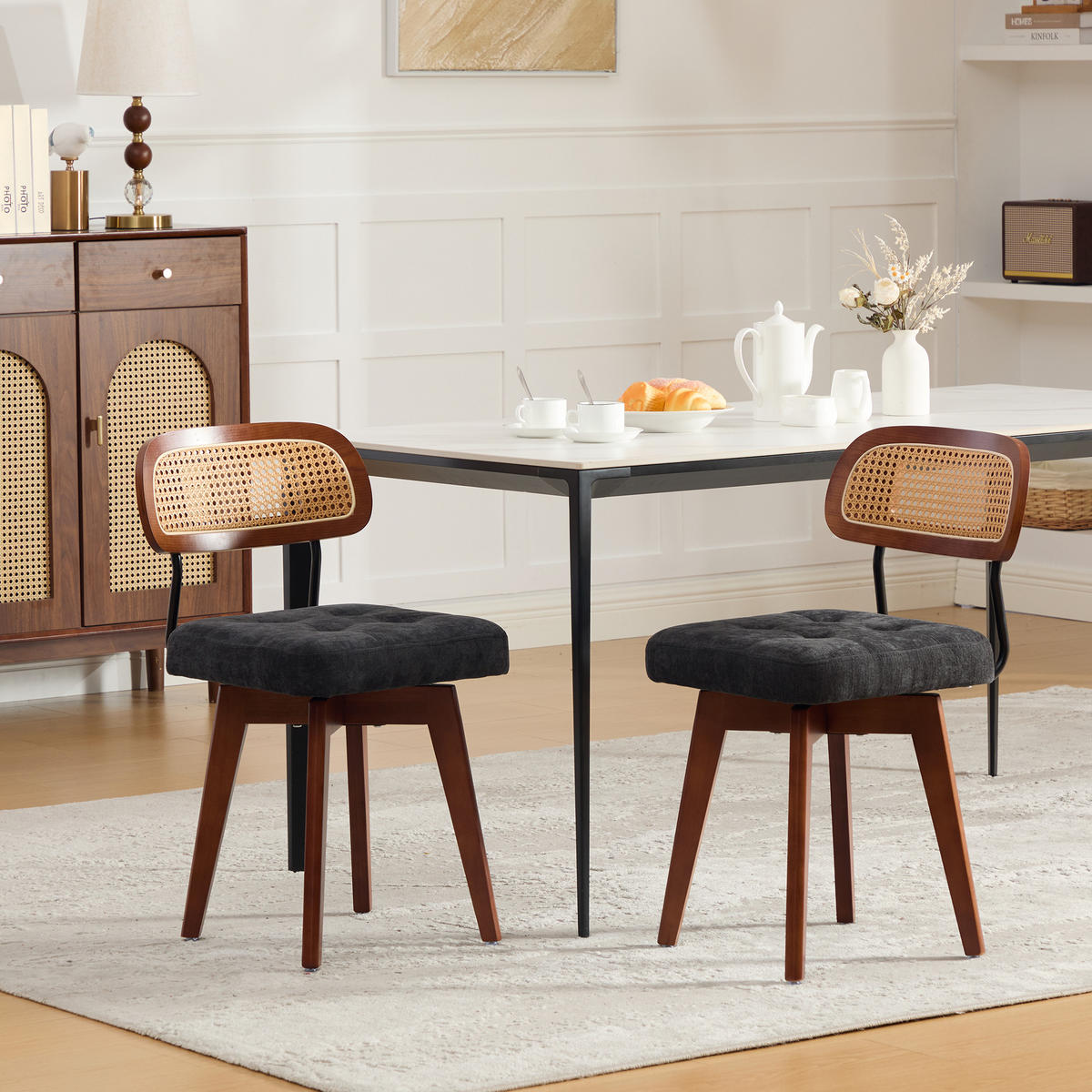 STUHL-SET 2 Stück Rattan 360° drehbar, DE-42279, Schwarz - Schwarz, Metall (50/77/43cm) - ComfortXL