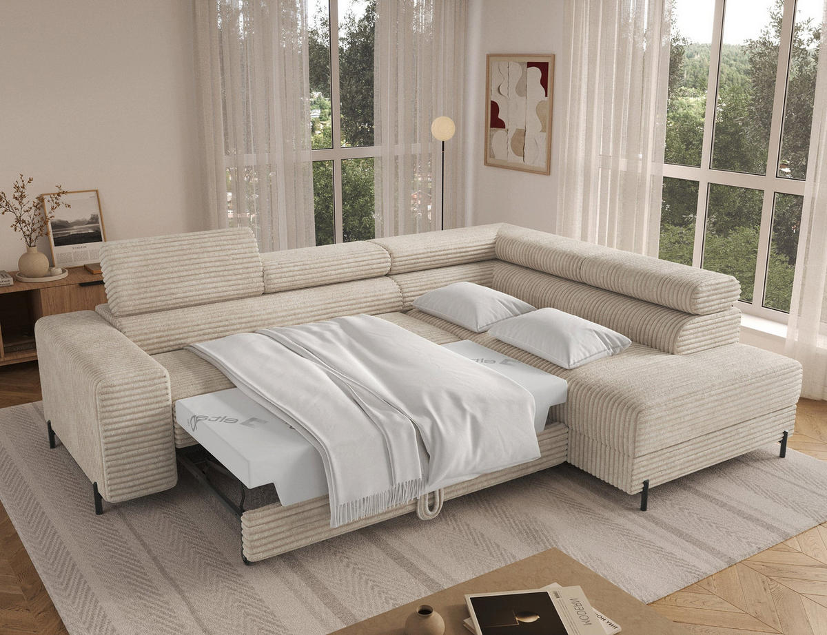 ECKSOFA COLESIO L-Form, Schlaffunktion, Bettkasten, verstellbare Kopfstützen, Wellenfederung, Metallfüße, breiter Cordstoff - Creme/Schwarz, Kunststoff/Metall (204/269cm) - Wohnideebilder