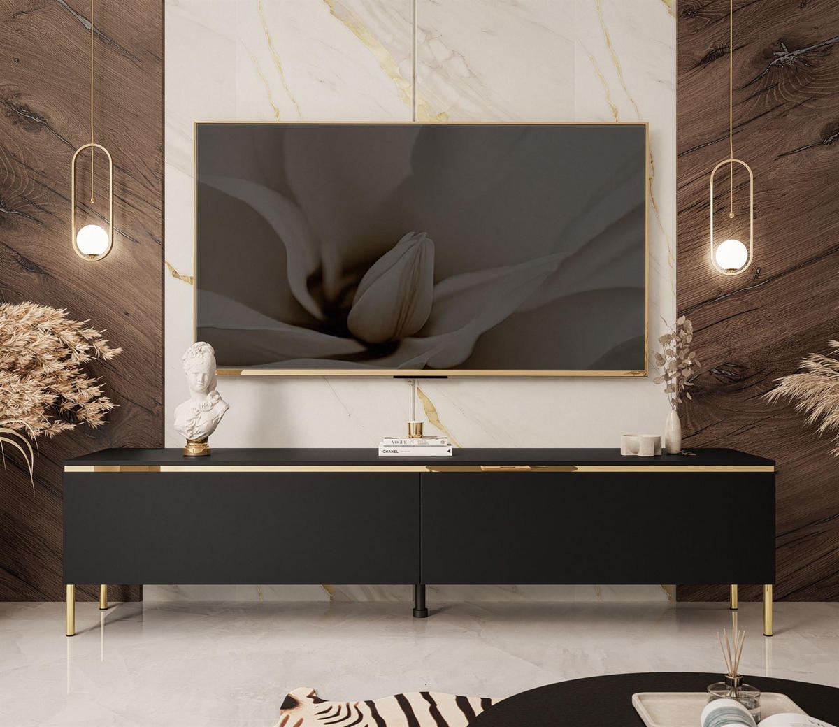 TV-LOWBOARD AURORA Schwarz Matt mit gerade Goldchrom Fuße und LED Beleuchtung - Goldfarben/Schwarz, Holzwerkstoff/Metall (180/46/40cm) - Lookway