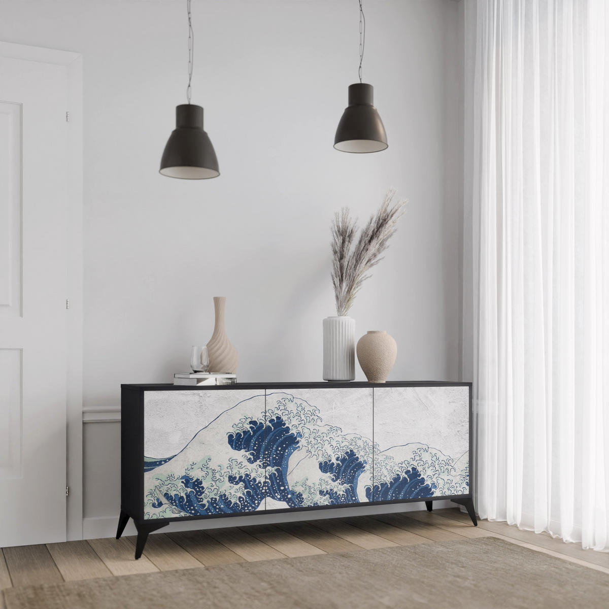 SIDEBOARD THE GREAT WAVE AT KANAGAWA, Eicheneffekt, 164,5x42x77,5 cm, 3 Türen - Eichefarben/Buchefarben, Holzwerkstoff/Buchenholz (164.5/77.5/42cm) - SpaceRebels