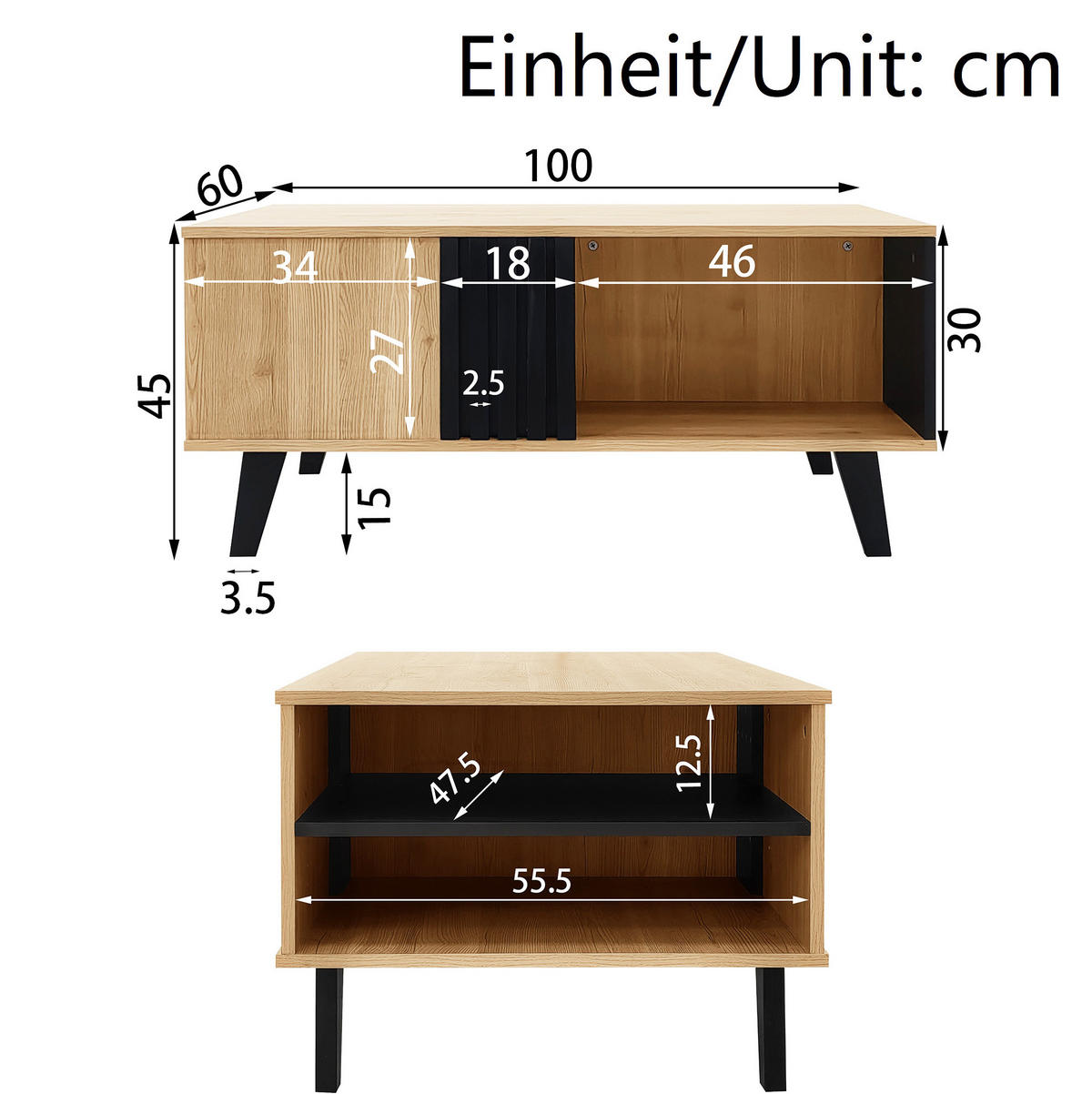 COUCHTISCH aus Glas und Spanplatte 100x60x45 cm Schwarz/Holzfarben mit Staufächern - Naturfarben, Holzwerkstoff (100/60/45cm) - IVMEU
