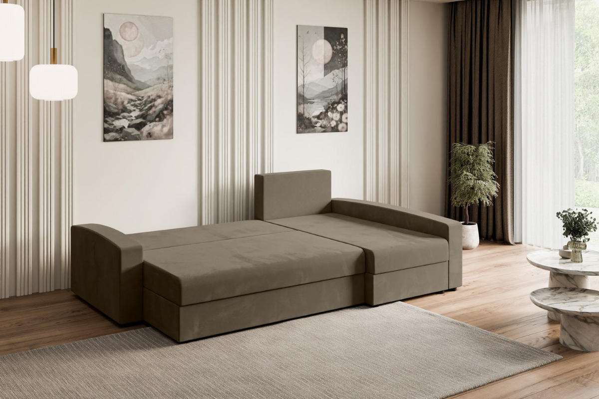 ECKSOFA mit Schlaffunktion und Bettkasten ALESIA-L 231x140x90 cm Braun Velours - Silberfarben/Braun, Holzwerkstoff/Kunststoff (231/140cm) - ALTDECOR