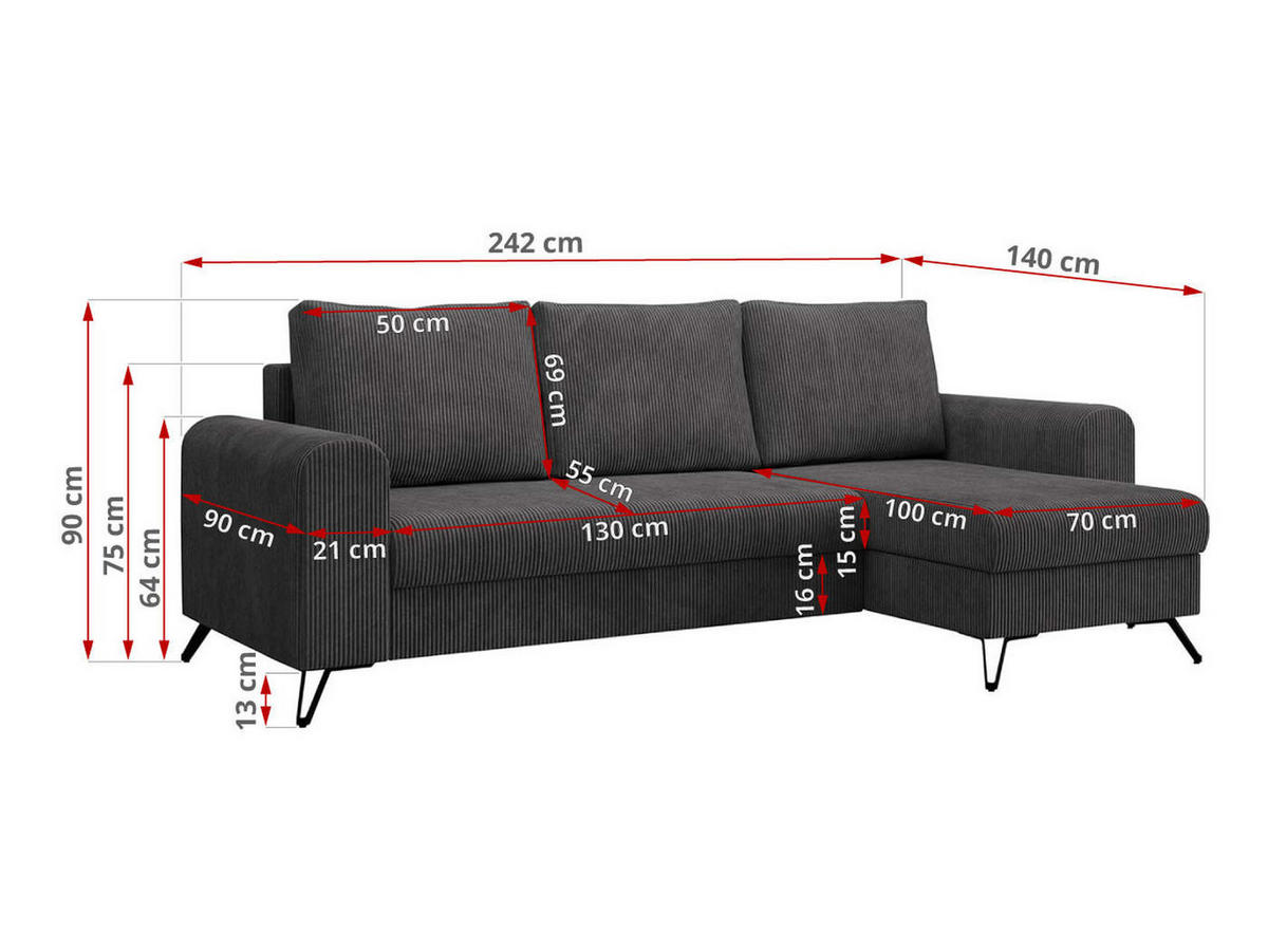 ECKSOFA Hugo Cord Dunkelgrau - Dunkelgrau/Schwarz, Textil/Metall (242/140cm) - MKS