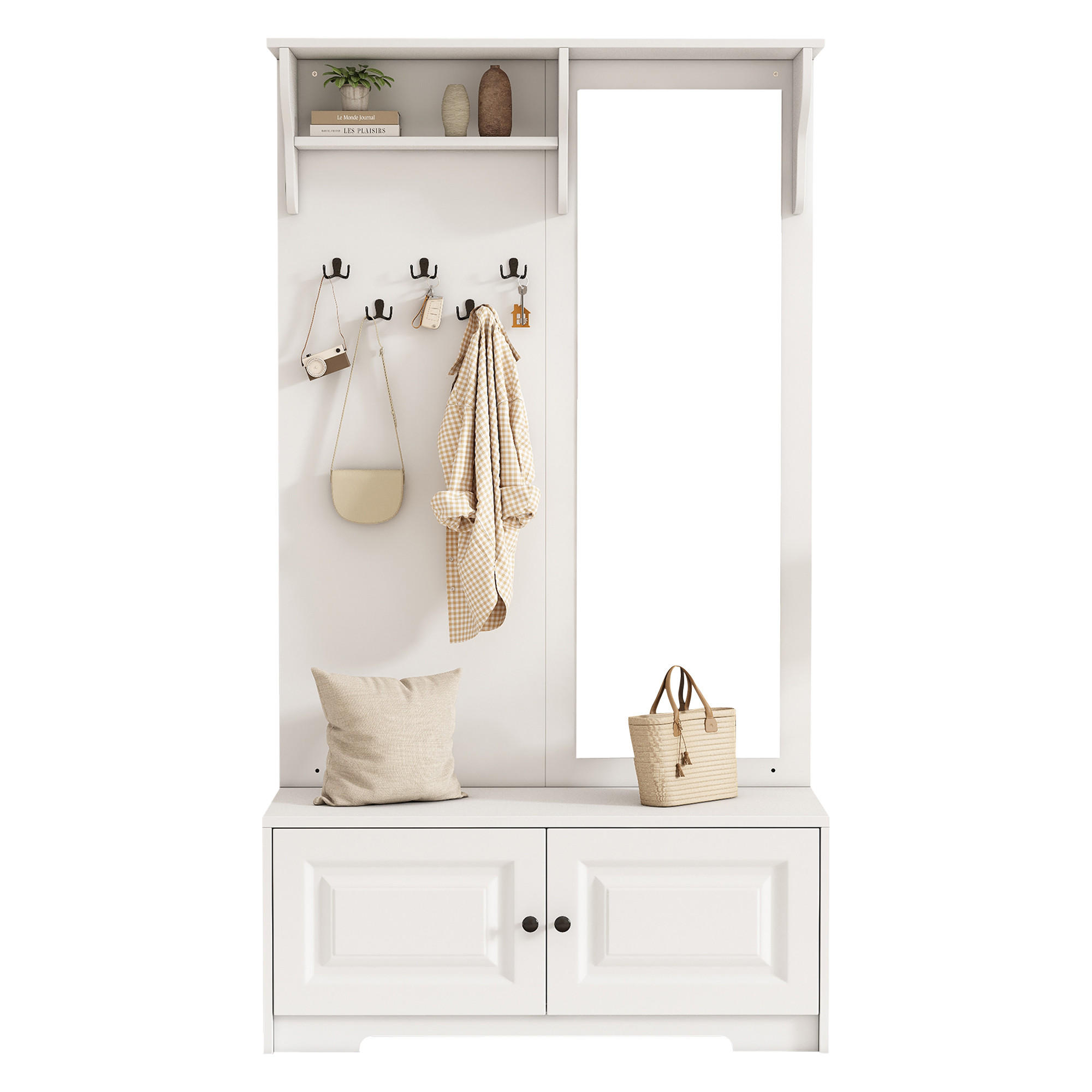 GARDEROBE 100cm Spiegel 5 Haken 2 Schränke Regal Schuhschrank Weiß - Weiß, Holzwerkstoff (40/180/100cm) - FLIEKS