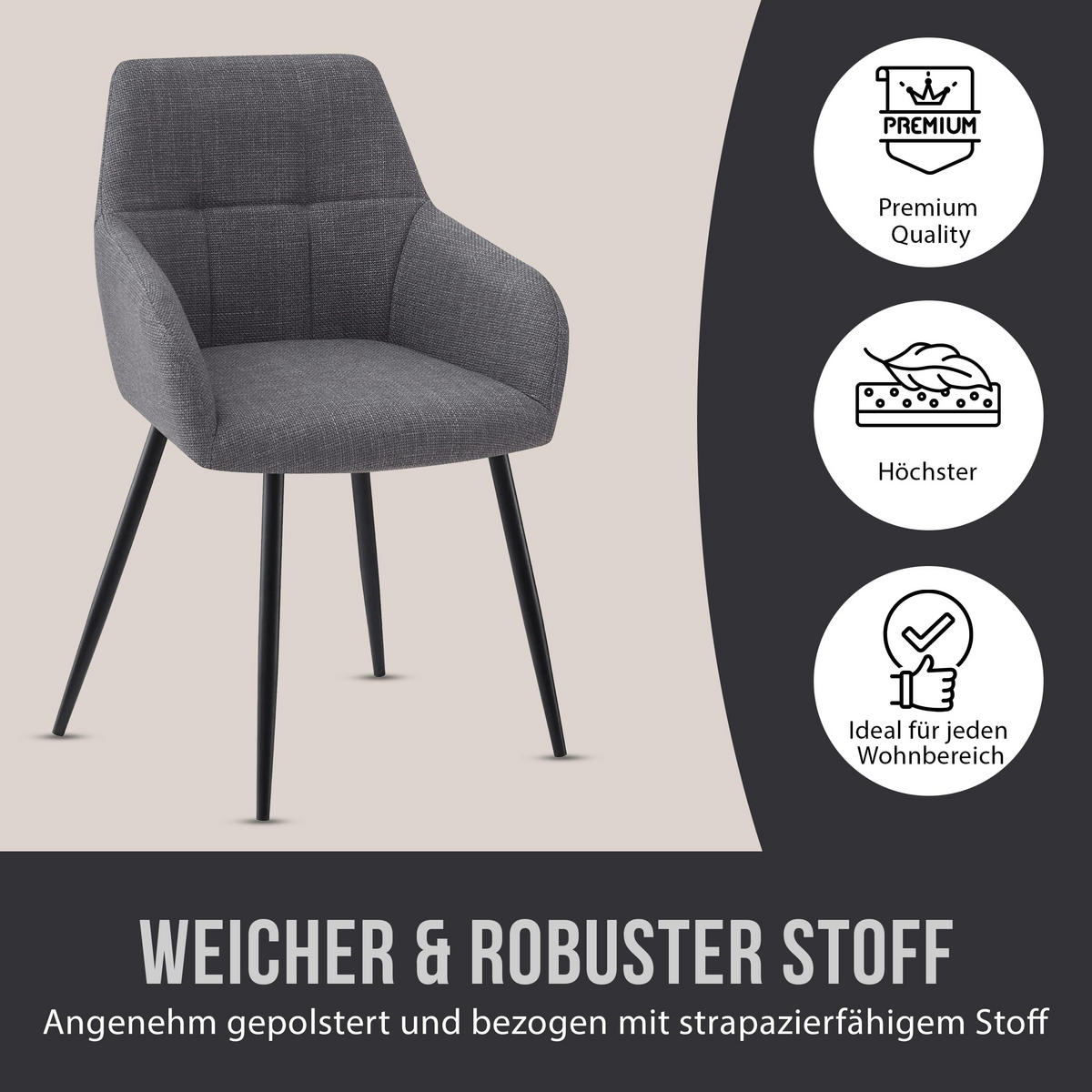 ESSZIMMERSTUHL Dunkelgrau, Bequem Für Wohnzimmer, Küche Oder Büro - Grau, Textil (58/86/61cm) - Best For Home