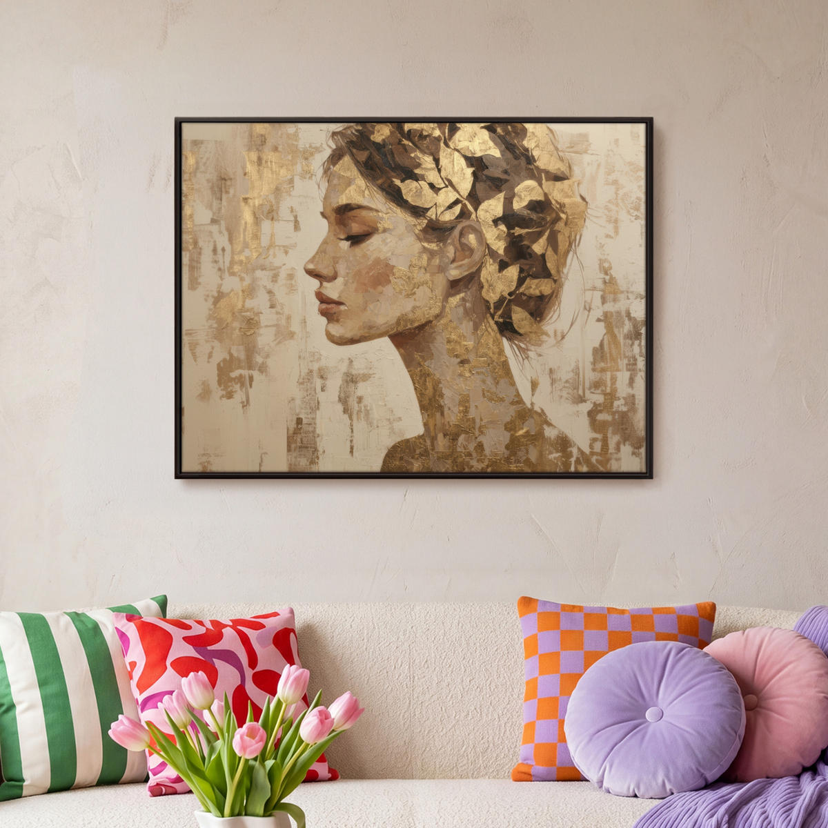 LEINWAND Bilder mit Rahmen - Frau - Gold - Abstrakt - Textur - 70x50 - Goldfarben, Textil (70/50cm) - MuchoWow