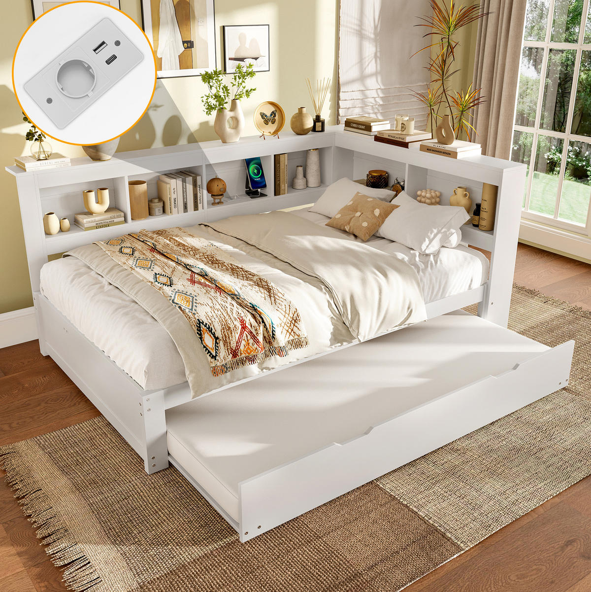 POLSTERBETT 140/200 cm mit Ausziehbett, USB-Anschlüssen, Steckdose und 2 Schubladen, MDF/Kiefernholz, Weiß - Weiß, Holzwerkstoff (140/200cm) - Redom
