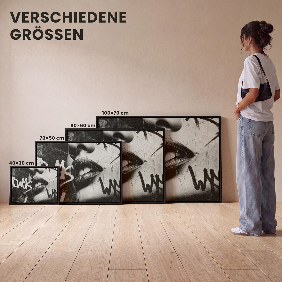 LEINWAND Bilder mit Rahmen - Gesicht - Mund - Graffiti - Schwarz - 70x50 - Schwarz, Textil (70/50cm) - MuchoWow