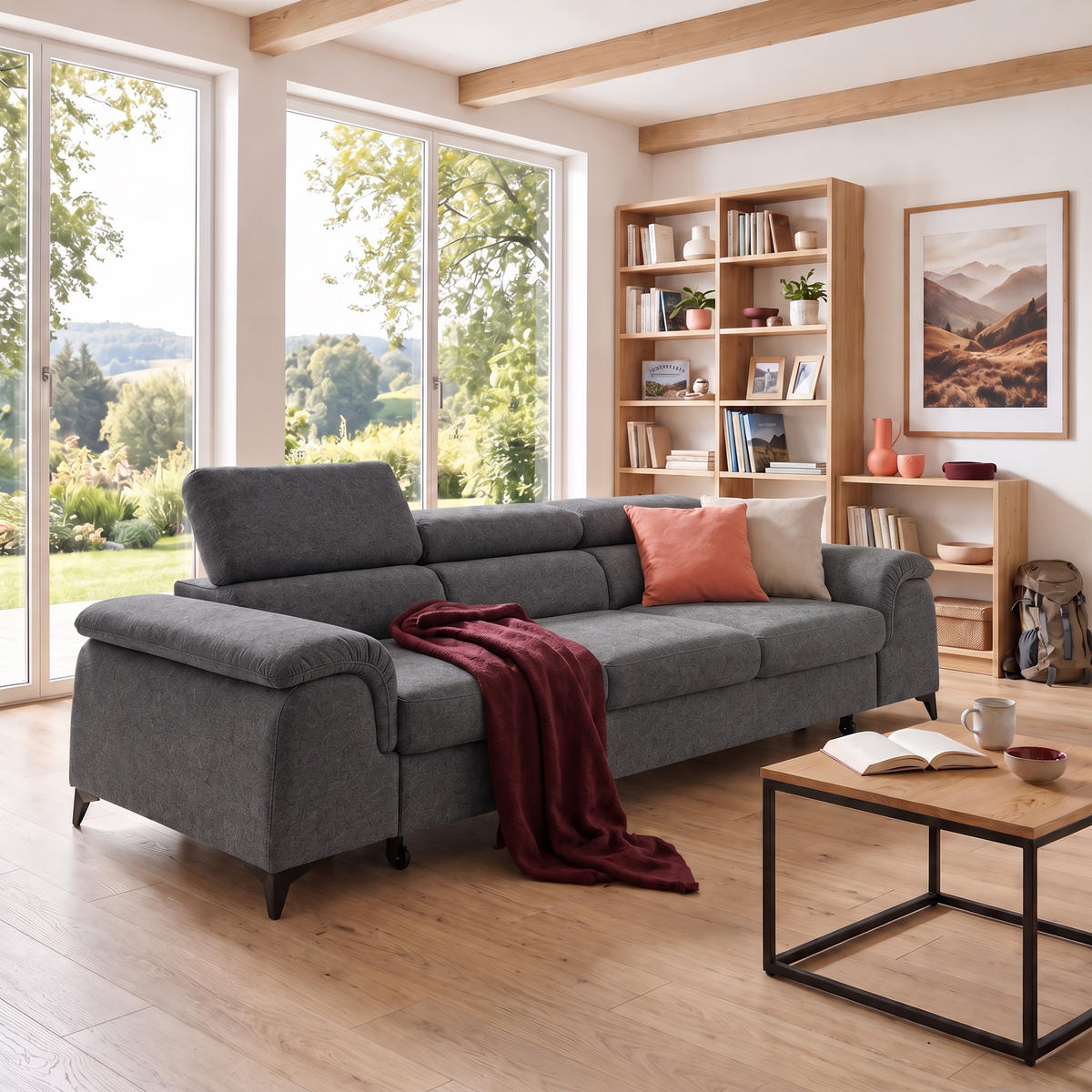 3-SITZER Sofa PLAZA mit Schlaffunktion 127x195 Velours Grau - Schwarz/Grau, Holz/Textil (260/90/100cm) - Muffo