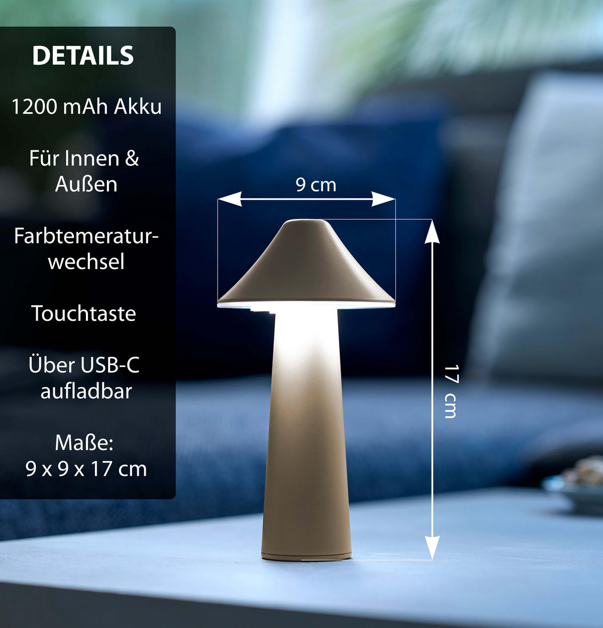 LED-TISCHLEUCHTE Pilzform dimmbar CCT Farbwechsel Ø 9 x 17 cm Zelt taupe - Beige, Kunststoff (9/9/17cm) - Northpoint