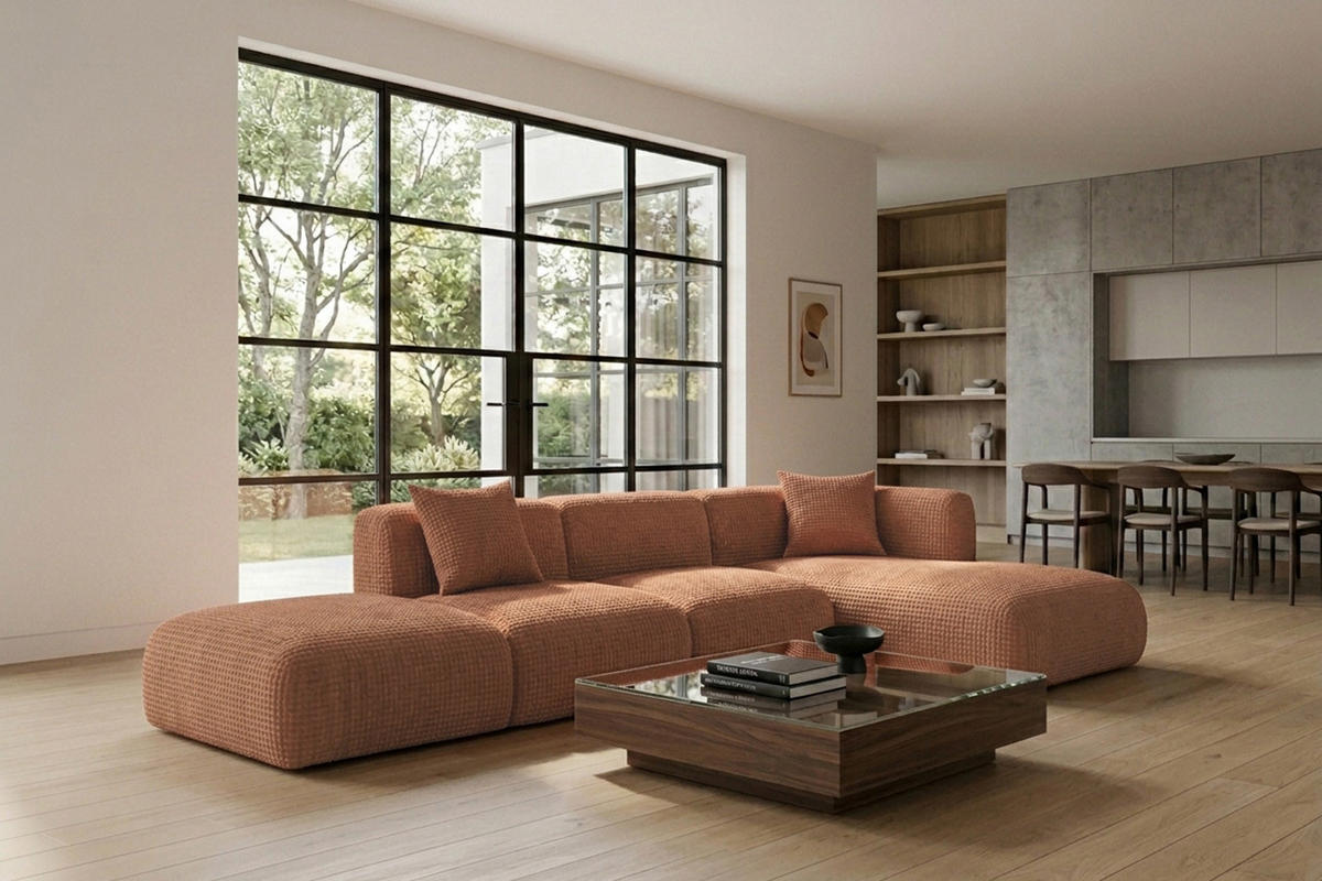 ECKSOFA L-Form mit Hocker, Chenille-Stoff Cremona, Hellbraun, Rechts, GRETA - Hellbraun, Holz (386/179cm) - Kaiser Möbel