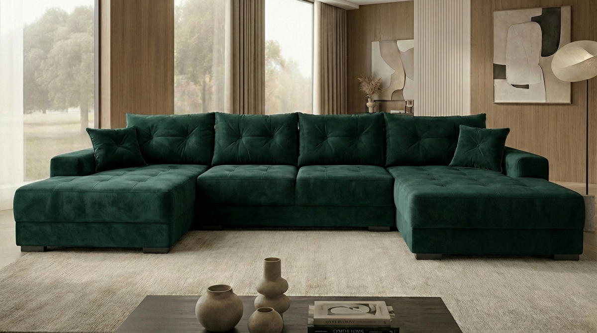 ECKSOFA MODENA 320 cm x 185 cm – Stoff: VELUTTO Dunkelgrun 10 Farbe: Grün - Grün, Textil (320/185cm) - A&J MöbelLand