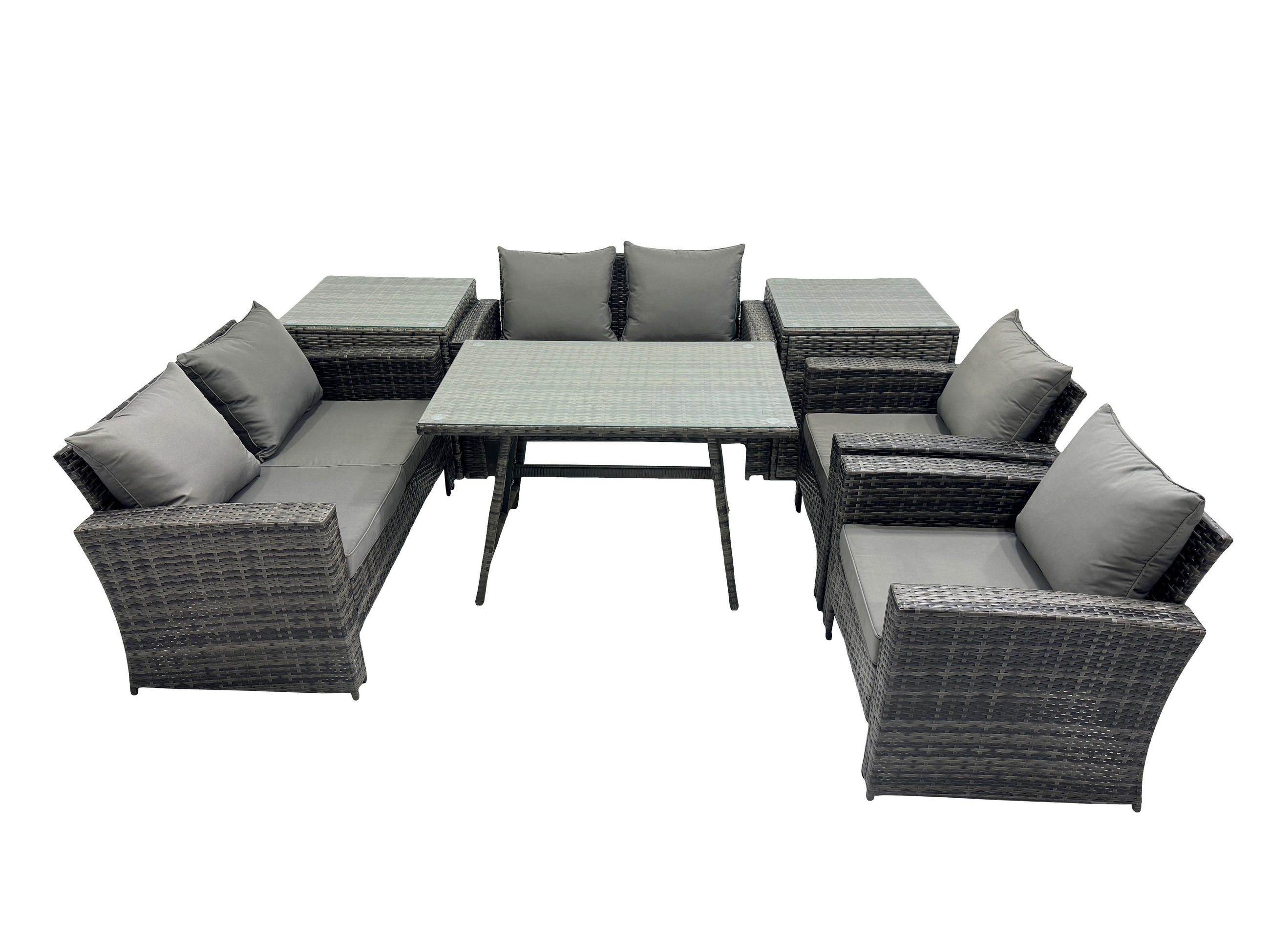 GARTENMÖBELSET mit ESSTISCH,HOCHLEHNER-SOFA Polyrattan Dunkelgrauer Mix 6-Sitzer - Dunkelgrau/Grau, Glas/Kunststoff - Fimous