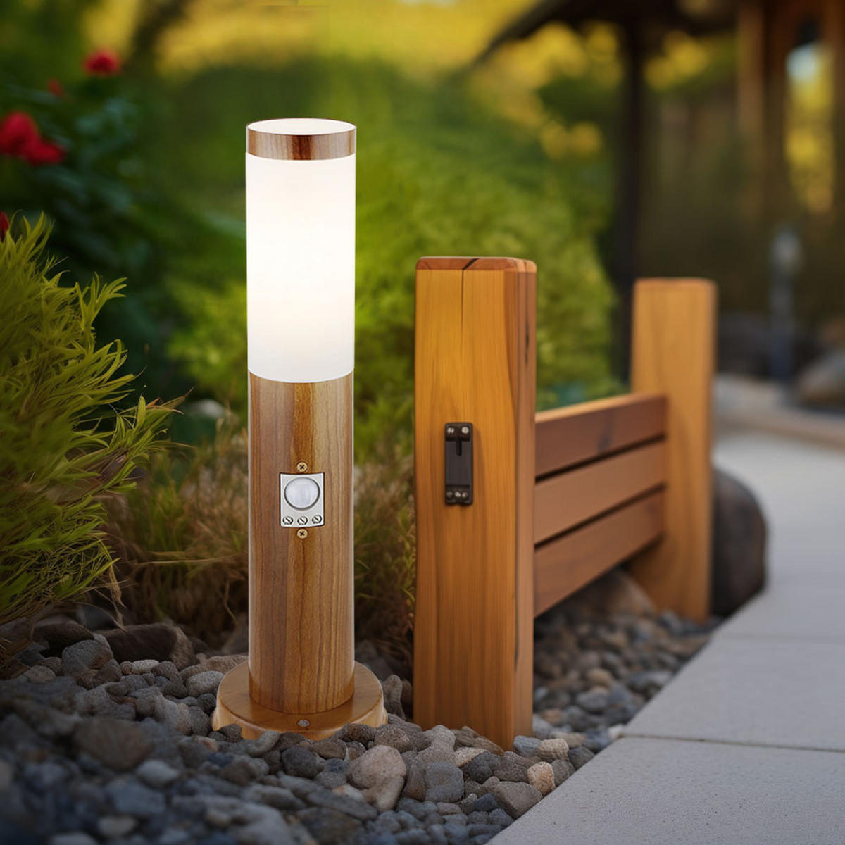 LED AUSSENLEUCHTE BOSTON Holzoptik Braun - Braun, Metall (12.7/12.7/45cm) - Globo Lighting