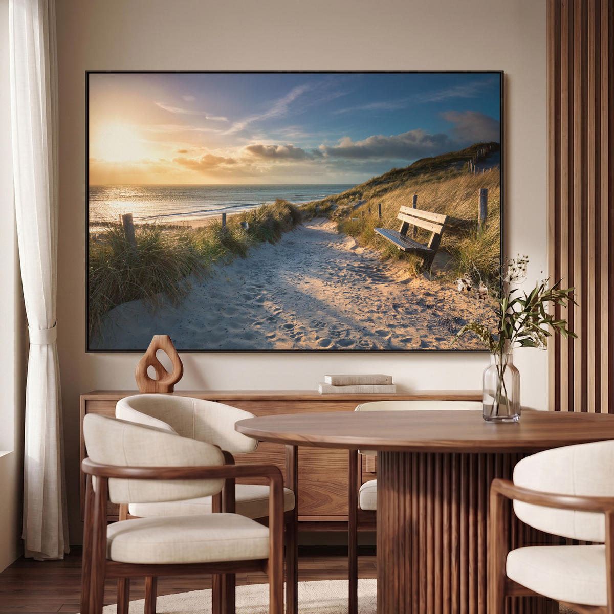 LEINWAND Bilder mit Rahmen - Sonnenuntergang - Strand - Düne - Gras - Ufer - 120x80 - Sandfarben, Textil (120/80cm) - MuchoWow