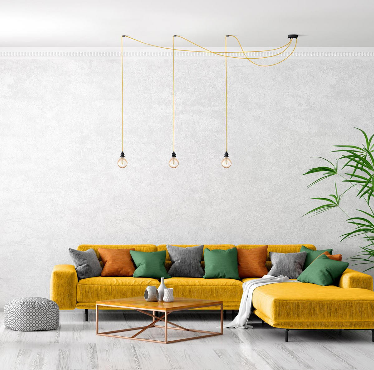 PENDELLEUCHTE Hang 3 Flammig Retro - Gelb, Naturmaterialien (250/1/250cm) - HOOPZI