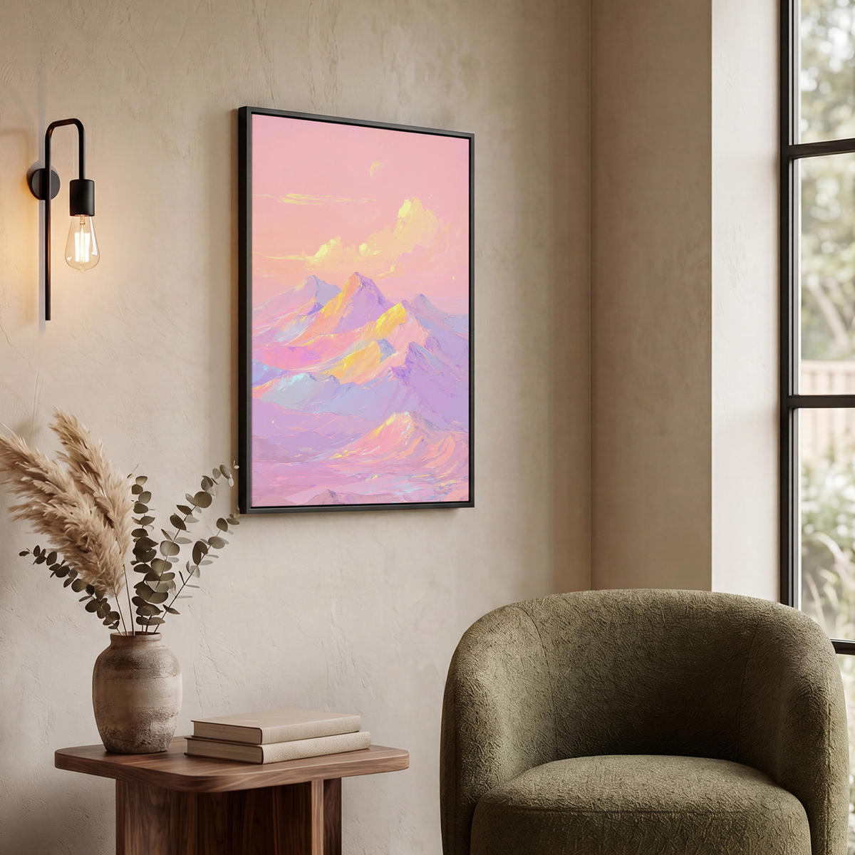 LEINWAND Bilder mit Rahmen - Berggipfel - Wolken - Verträumt - 60x80 - Hellrosa, Textil (60/80cm) - MuchoWow