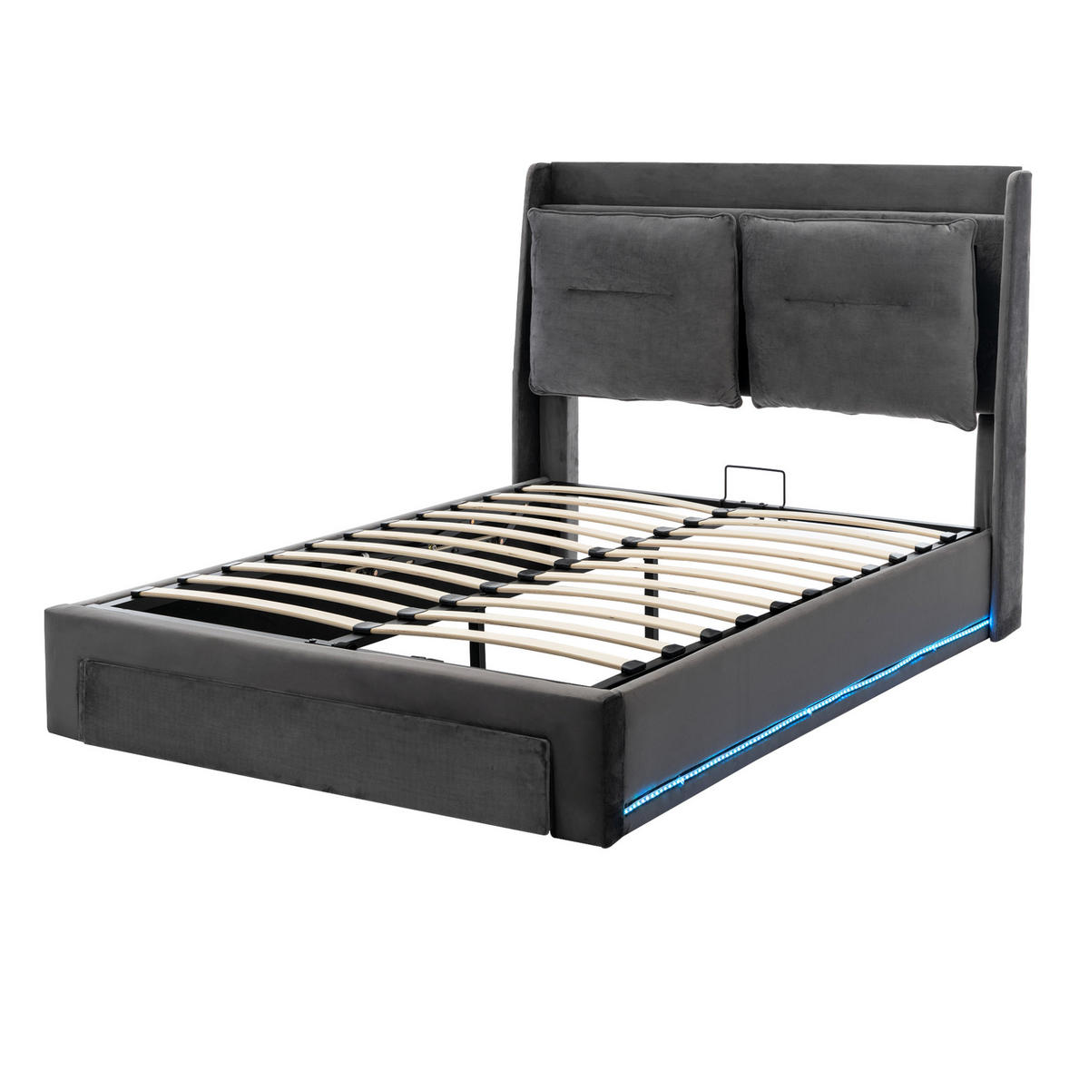 POLSTERBETT aus Samt 140x190 cm Dunkelgrau mit LED-Beleuchtung, hydraulischem Bettkasten und 2-in-1-Schublade - Dunkelgrau, Textil (140/190cm) - Modfu