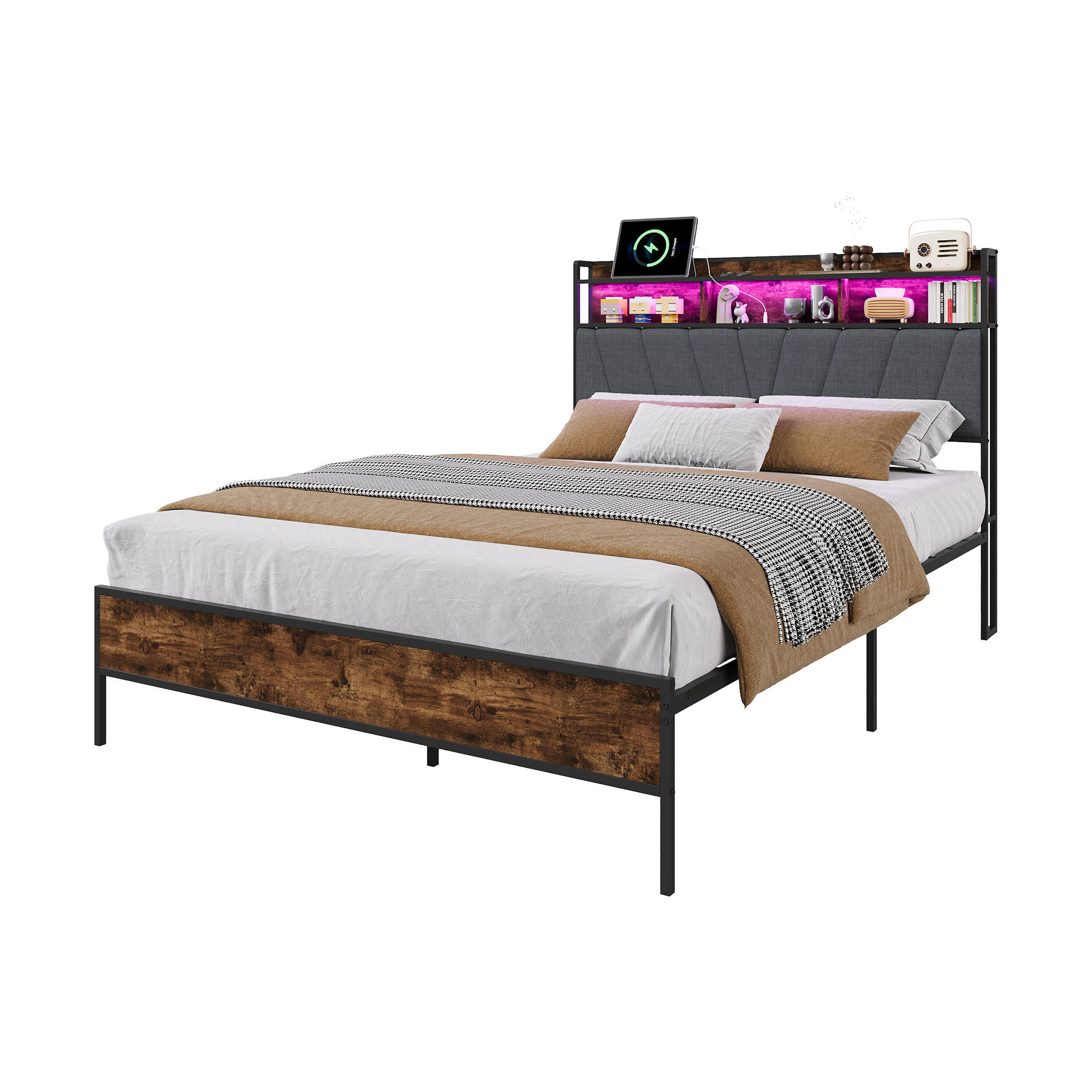POLSTERBETT 140x200 cm mit RGB-LED, Stauraum-Kopfteil und USB - Braun, Holz (140/200cm) - SHOPENTRA