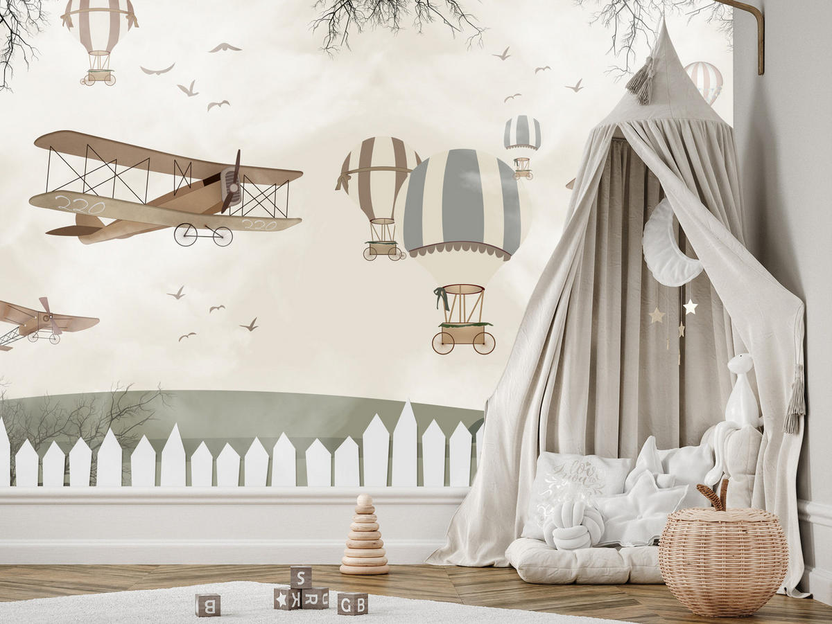 FOTOTAPETE für Kinderzimmer Retro Flugzeuge Ballons Vintage Beige 200x140 - Beige/Braun, Papier (200/140cm) - Muralo