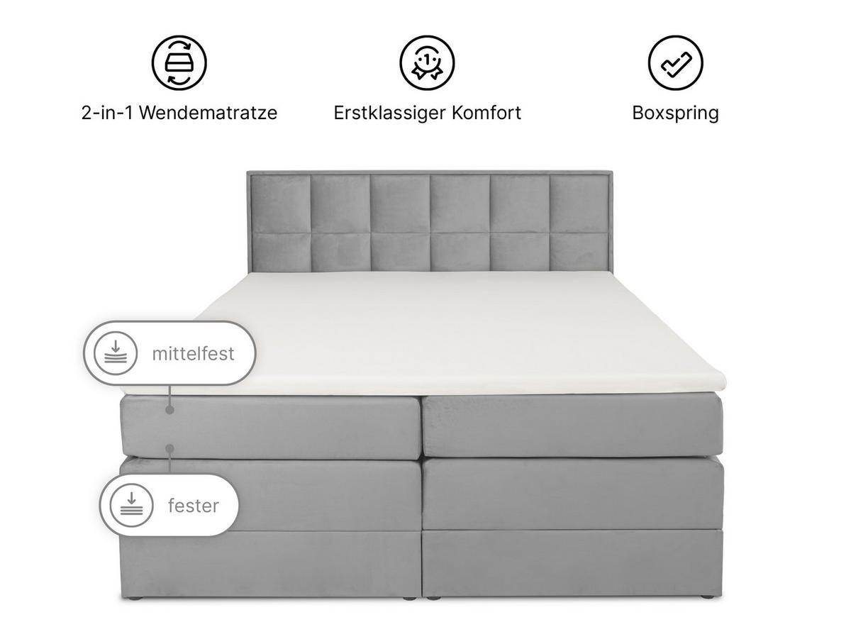 BOXSPRINGBETT Montreal Silber 180/200 cm H2/H3 Samt - Silberfarben, Textil (180/200cm) - wonello