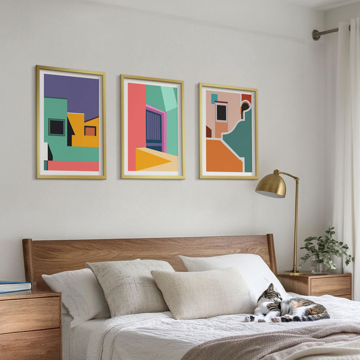 BILDER SET 3er Set - 40x60 cm Goldrahmen - Farbenfrohe Illustrationen der Stadt - Goldfarben, Kunststoff (40/60cm) - TULUP