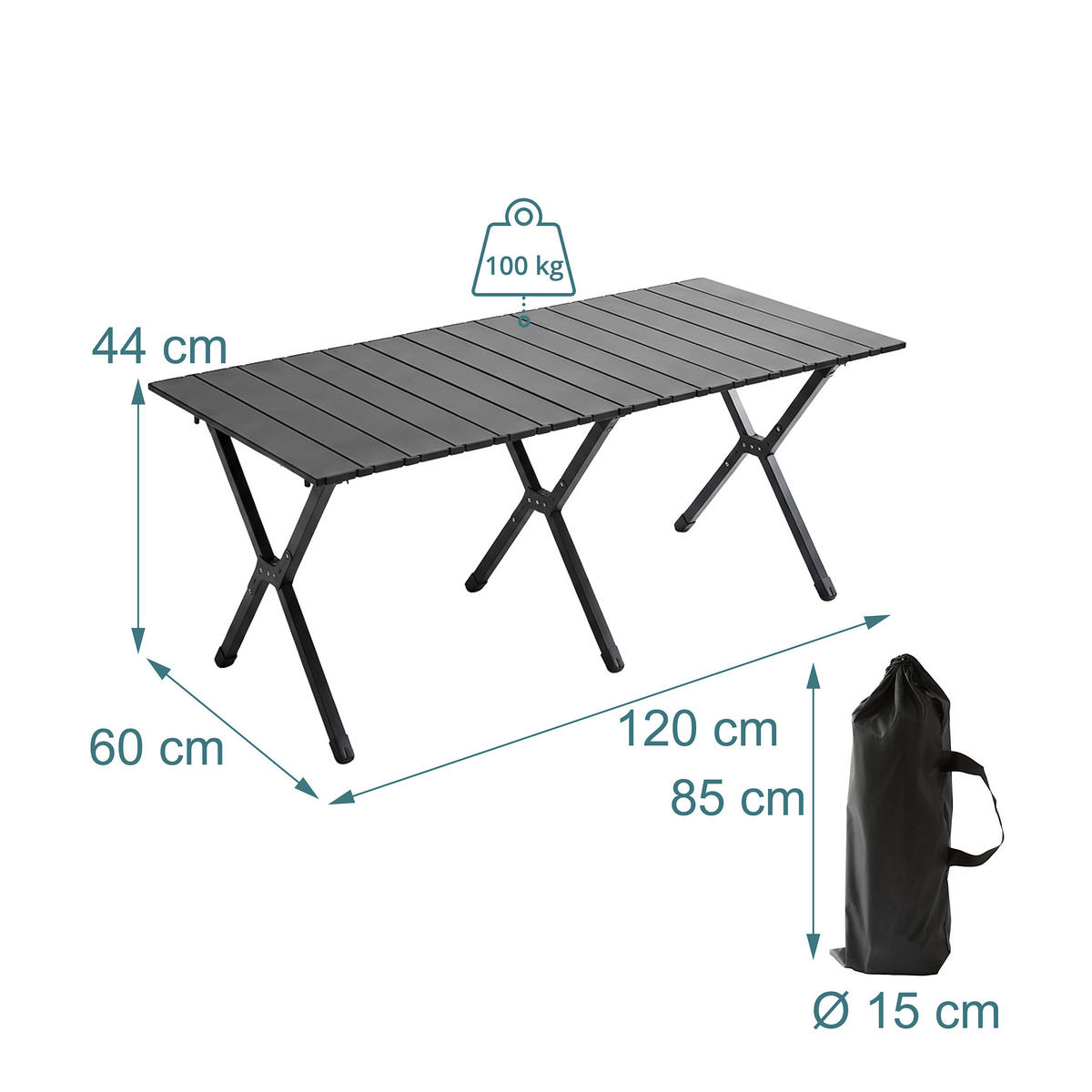 CAMPINGTISCH - Schwarz, Kunststoff/Metall (60/120/44cm) - Relaxdays