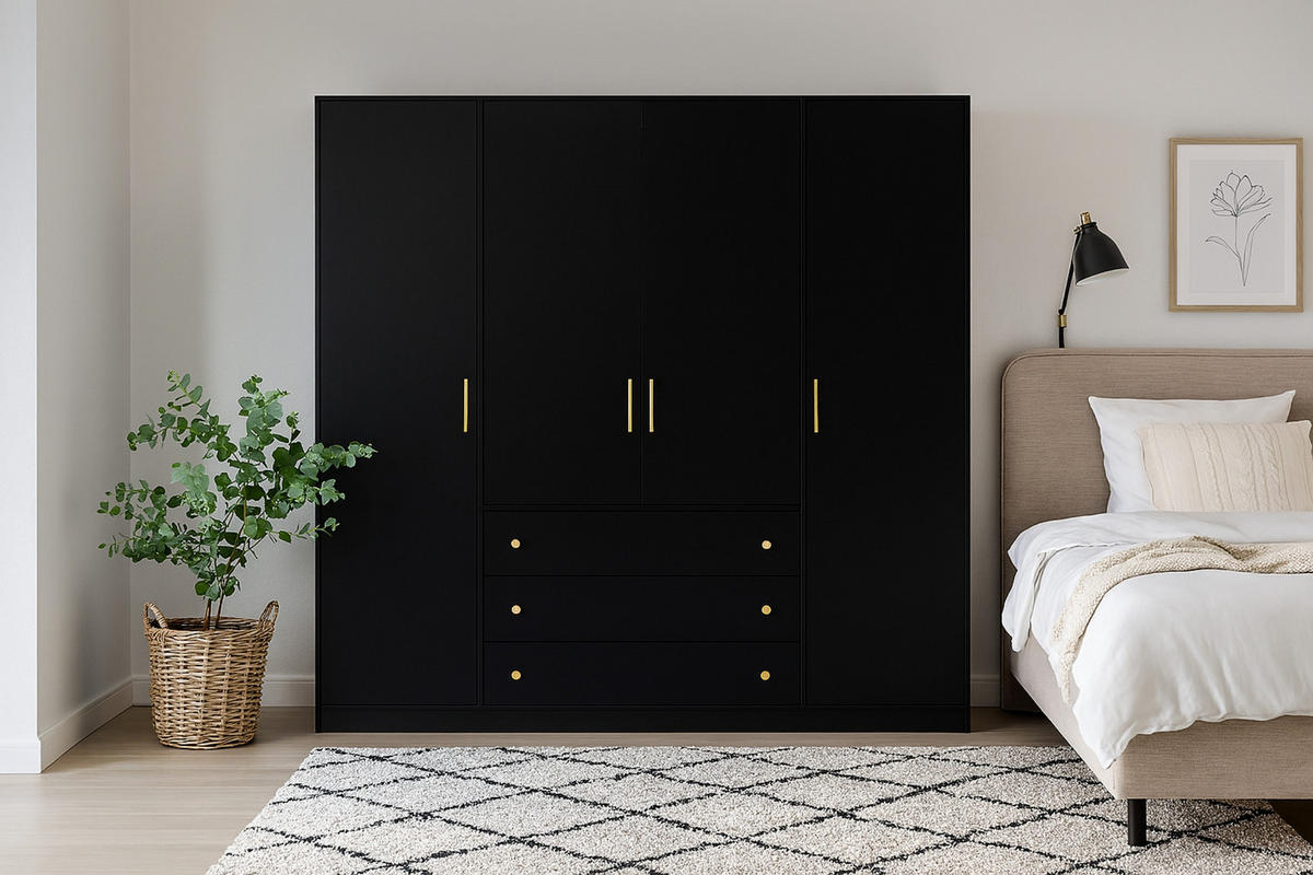 DREHTÜRENSCHRANK CLASSIC 200/196/58 cm in Schwarz/Gold - Goldfarben/Schwarz, Holzwerkstoff (196/58/200cm) - Deine Möbel 24