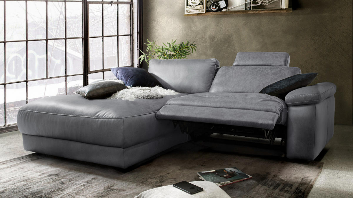 ECKSOFA MOTORISCH. RELAXFUNKTION LOLA Grau Leder - Schwarz/Grau, Leder (233/178cm) - KAWOLA