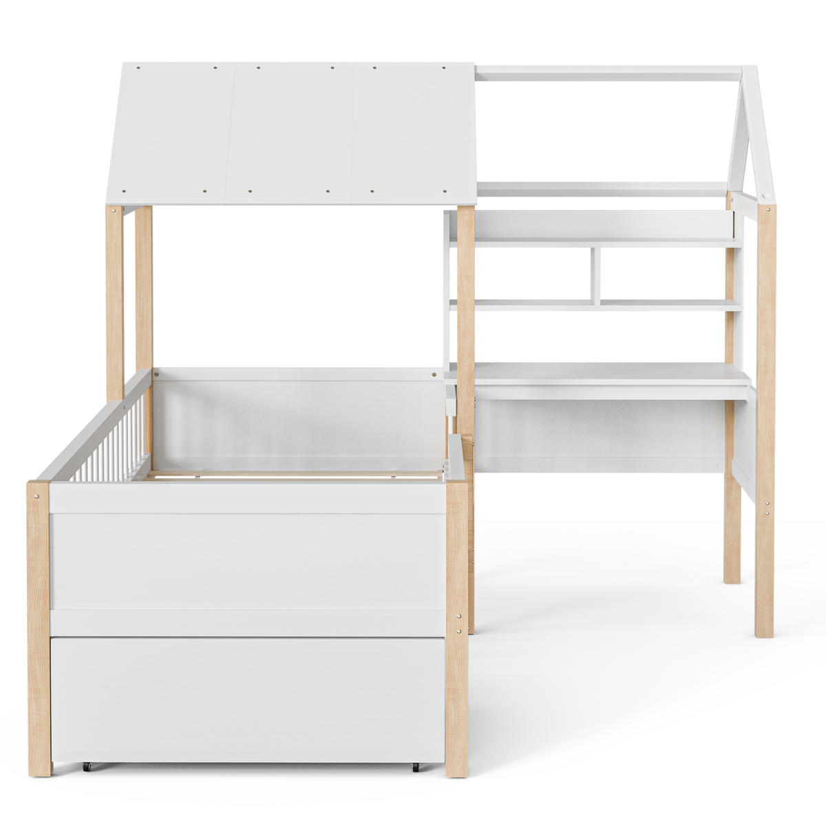 HAUSBETT 90/200 cm weiß mit Rausfallschutz und L-förmigem Schreibtisch - Weiß, Holz (90/200cm) - OKWISH