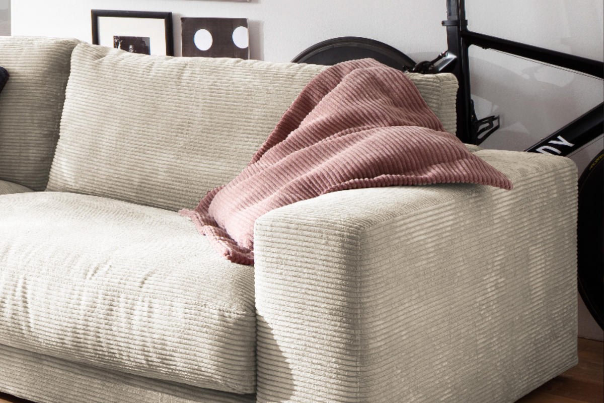 SOFA 3-SITZER MADELINE Cremeweiß Cord - Creme/Schwarz, Textil (290/85/127cm) - KAWOLA