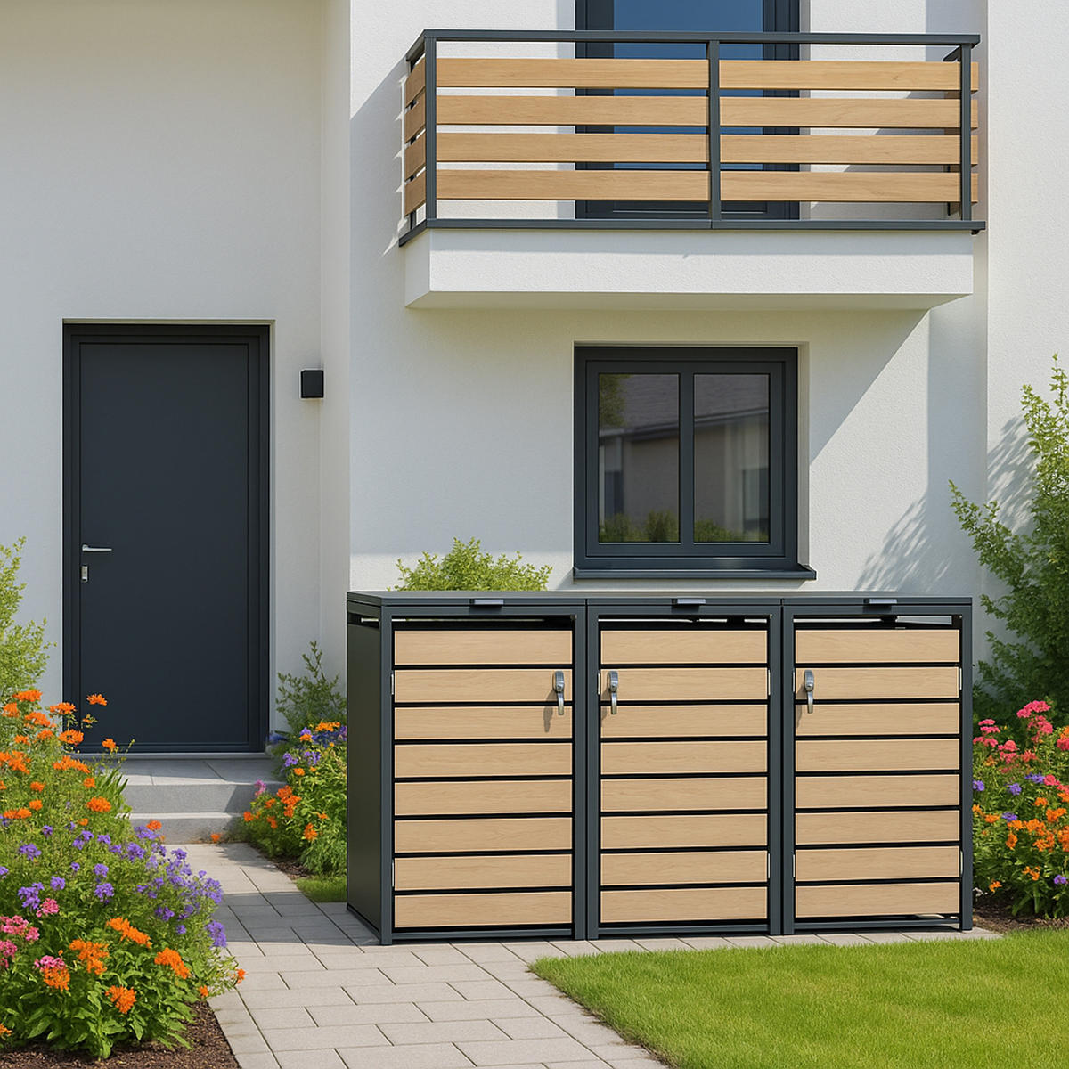 MÜLLTONNENVERKLEIDUNG Liverpool - Mülltonnenbox für 3 - in Holzoptik - , Stahl pulverbeschichtet verzinkt, anthrazit - Grau, Metall (198/116/80cm) - TPFGarden