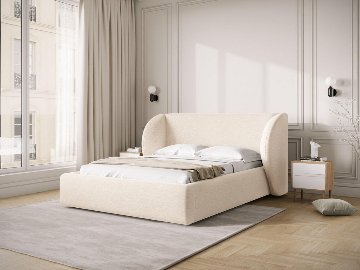 BETT mit Bettkasten und Kopfteil Miley aus Chenille-Stoff leichtes beige 140x200cm - Creme, Textil (140/200cm) - Micadoni