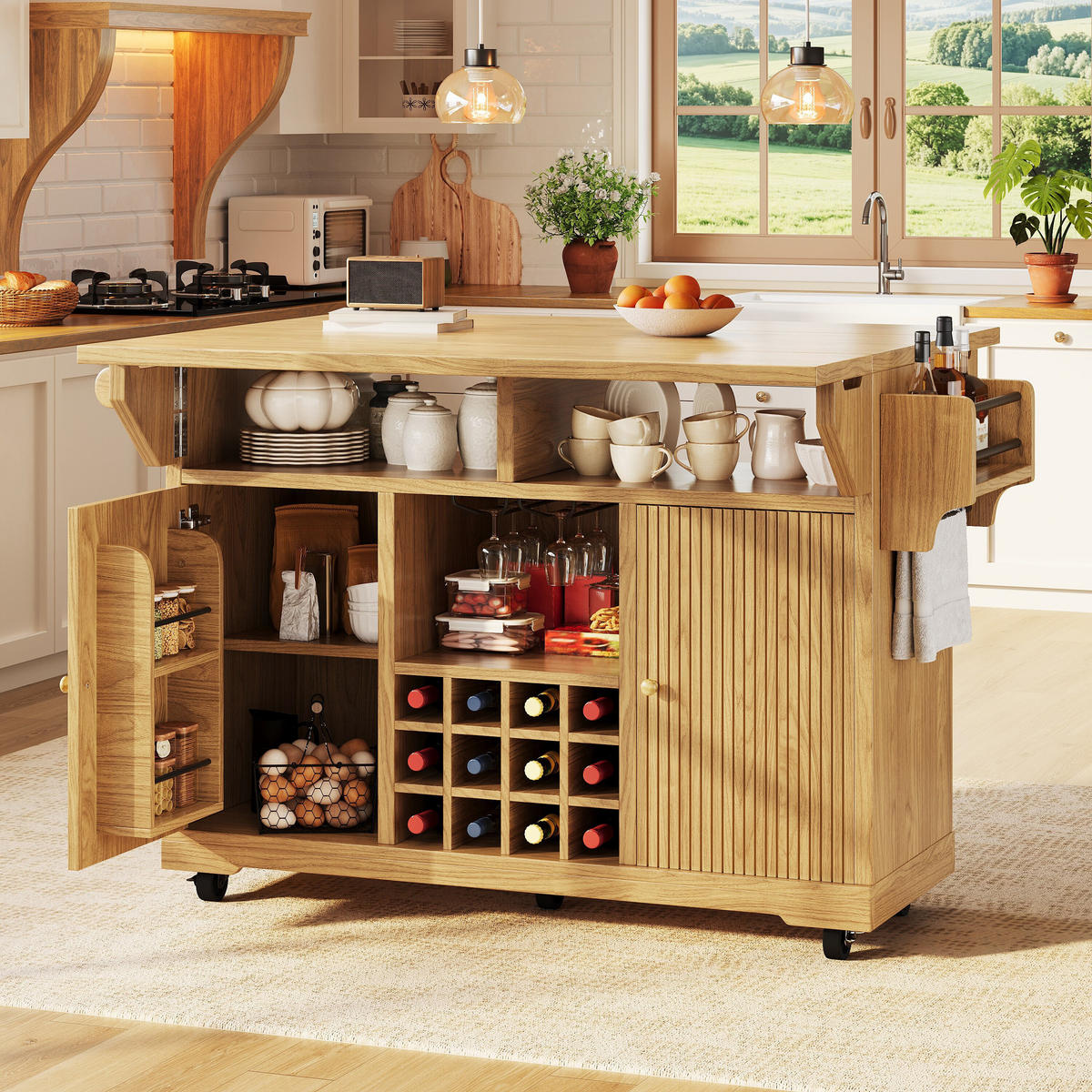 KÜCHENINSEL Weinregal Stauraum Naturbraun - Naturfarben, Holzwerkstoff (142.5/95/80cm) - FLIEKS